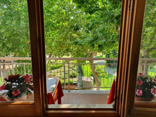 uma janela com vista para um alpendre com uma mesa e flores em Hotel Cormorano em Pedaso