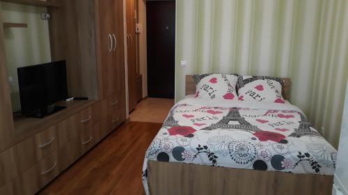 ein Schlafzimmer mit einem Bett und einem Fernseher darin in der Unterkunft Geo Apartament in Iaşi