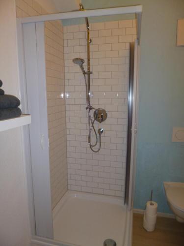 a shower with a shower head in a bathroom at Lucky Home Sissi Appartment in Füssen