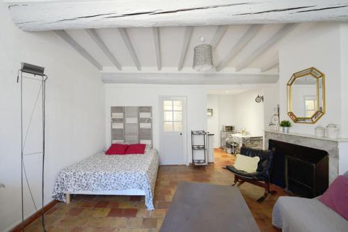 une chambre avec un lit et une cheminée dans l'établissement Studio ensoleillé, typique centre historique, wifi, à Aix-en-Provence