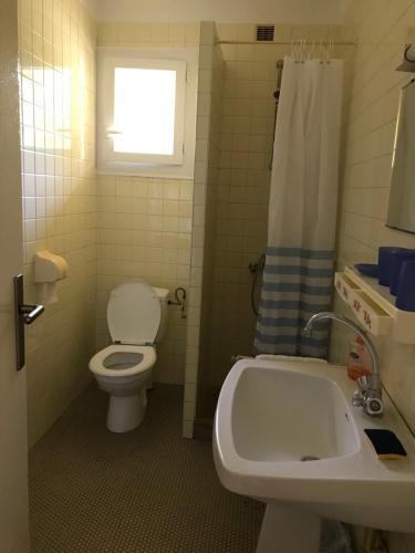 une salle de bain avec toilettes, lavabo et fenêtre dans l'établissement Au calme près de la forêt à 2 kms des plages, à Capbreton