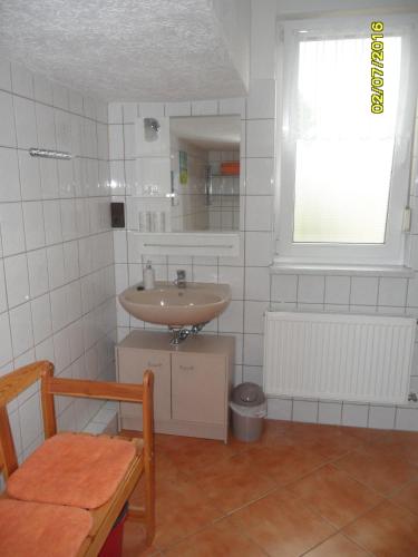 a small bathroom with a sink and a mirror at 3***Ferienwohnungen Neumann in Dändorf