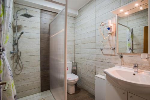 a bathroom with a toilet and a sink and a shower at Villa Rubčić in Rakovica
