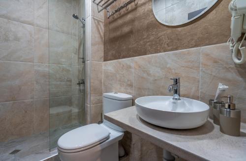 a bathroom with a sink and a toilet and a shower at Travel Inn Kazbegi in Kazbegi