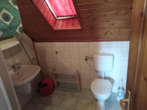 ギェネシュディアーシュにあるKovács Apartmanのバスルーム(トイレ、洗面台付)、窓が備わります。