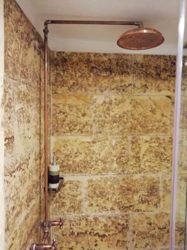 a shower in a bathroom with a stone wall at Casa Aranjuez in Bogotá