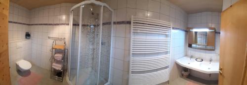 a bathroom with a shower and a toilet and a sink at Ferienwohnung Christina Gundolf in Wenns