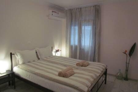 una camera da letto con un grande letto con due asciugamani di Cozy, newly renovated apt near the City Center ad Atene