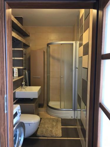 a bathroom with a shower and a toilet and a sink at Dworzec Gdański Apartament in Warsaw