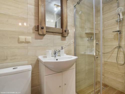 a bathroom with a sink and a shower at Góralski domek in Ząb