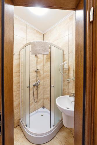 a bathroom with a shower and a sink at Pigy in Tatariv