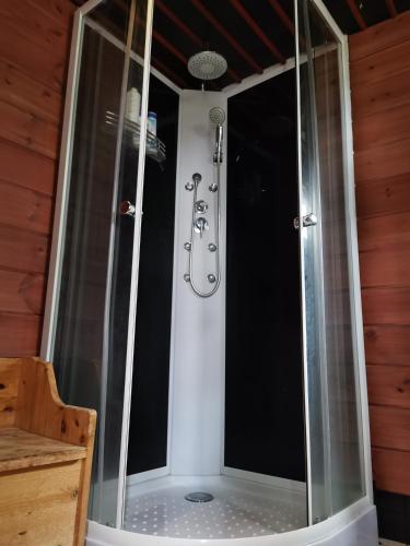 a shower with a glass enclosure in a bathroom at Pistoretki Toivakka in Toivakka
