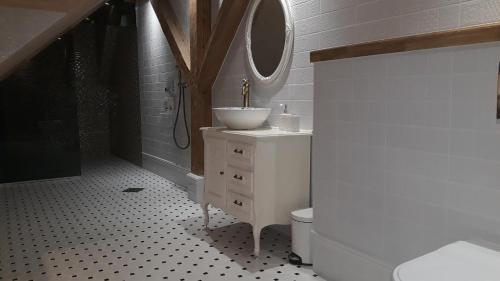 a bathroom with a sink and a toilet and a mirror at Vanalinna apartement in Viljandi