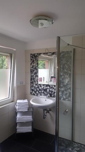 a bathroom with a sink and a shower and a mirror at Haus Hölderlin in Wilhelmshaven