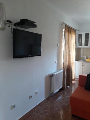 een woonkamer met een flatscreen-tv aan de muur bij Apartmani Stojanović in Sutomore