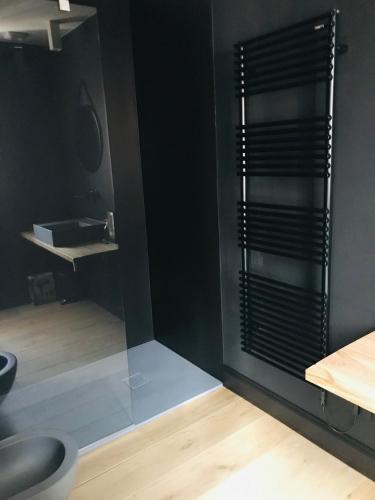 a bathroom with black walls and a toilet and a mirror at ML32 in Ravenna