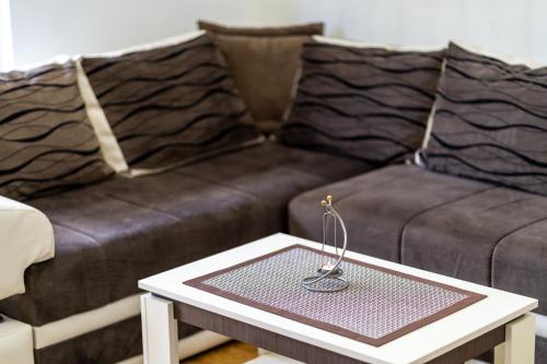 a coffee table in front of a brown couch at LUX apartman u vili Pekovic in Zlatibor