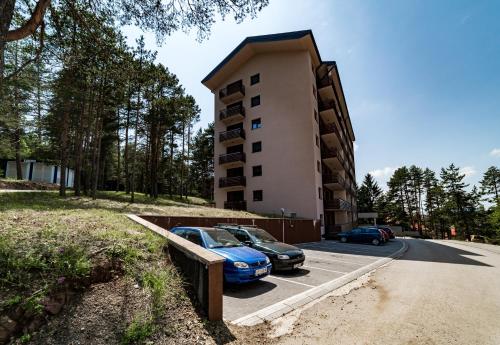 two cars parked in a parking lot next to a building at LUX apartman u vili Pekovic in Zlatibor