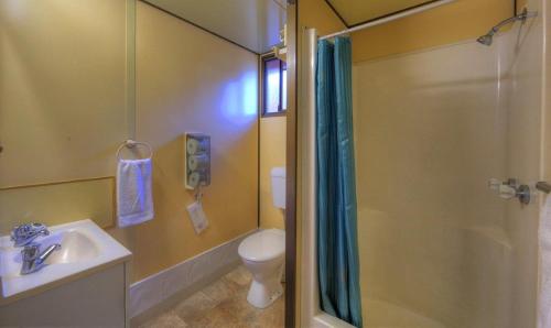 a bathroom with a shower and a sink and a toilet at Kookaburra Holiday Park in Cardwell