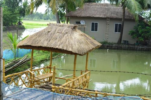 a house with a straw roof next to a body of water at Solitary Nook in Gosāba