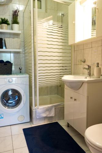 a bathroom with a washing machine and a sink at Apartment Rose in Korčula