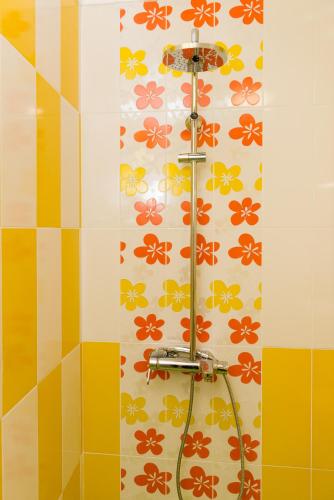 a shower in a bathroom with a colorful wall at Hiora Apartments Vasiliko in Tsarevo