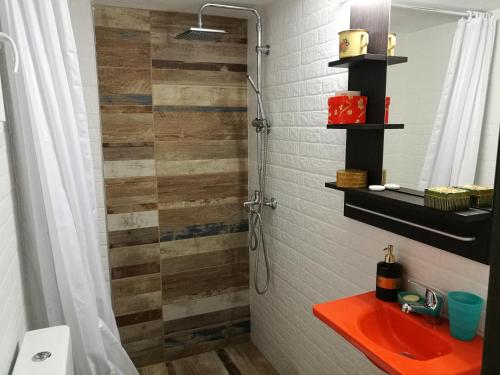 La salle de bains est pourvue d'une douche et d'un lavabo rouge. dans l'établissement Sweet Home, à Thessalonique