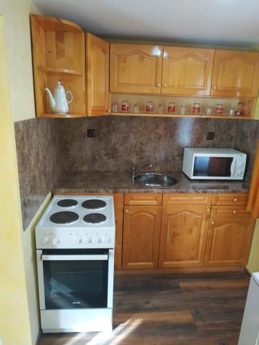a kitchen with a stove and a microwave at ВИЙГ in Sapareva Banya