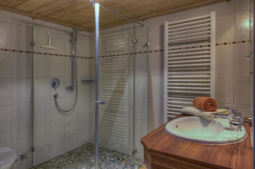 Un baño con lavabo y ducha de cristal. en Ferien-Schlössle Michaela, en Riezlern