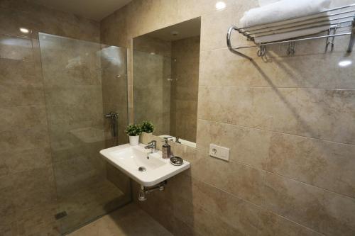 a bathroom with a sink and a shower at Apartamento turisticos Puente Romano P3 1-B in Salamanca