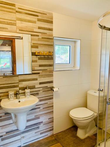 a bathroom with a toilet and a sink at Chalupa na Horce in Blata
