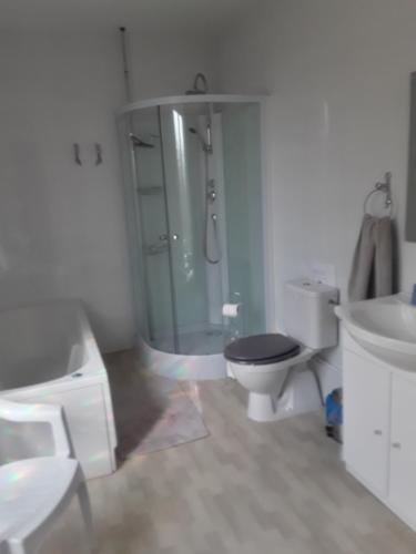 La salle de bains est pourvue de toilettes, d'une douche et d'un lavabo. dans l'établissement Touch of Spain in Rural France, à Darnac