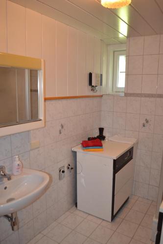 a bathroom with a sink and a toilet and a mirror at Gingin- rooms in Hallstatt