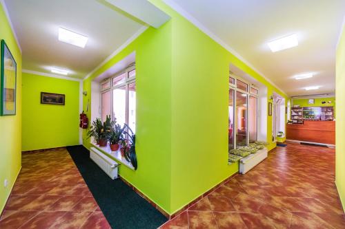 a hallway with green walls and windows and plants at Hotel & Motorest V Údolí Zlatého potoka in Blšany