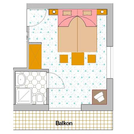 a plan of a bathroom with pink and orange at Frühstückpension Haus Helene in Schörfling