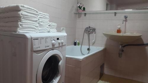 a bathroom with a washing machine and a sink at Little Paradise in Sarajevo