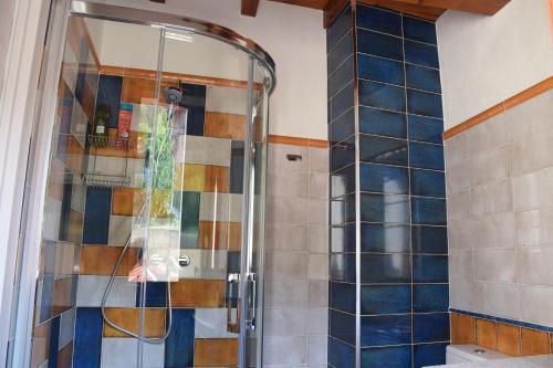 a shower with a glass door in a bathroom at La Mira in Barriosuso