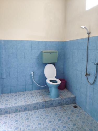 a blue bathroom with a toilet with a shower at Rijasa Homestay in Tirtagangga
