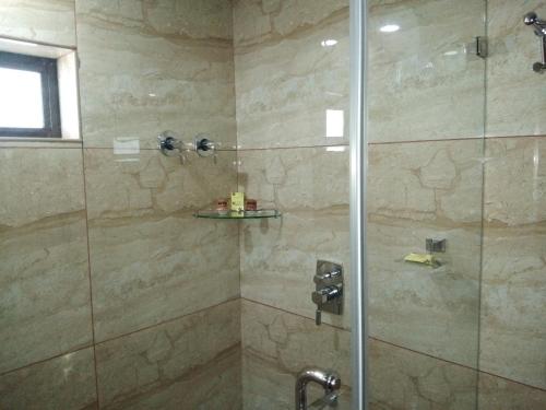 uma casa de banho com um chuveiro e uma porta de vidro em Yuvarani Residency em Cochin