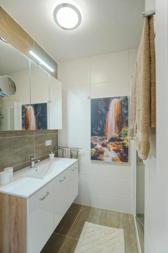 a bathroom with a sink and a painting on the wall at Auszeit Leoben 3 mit Gartenterasse und Gratisparkplatz in Leoben