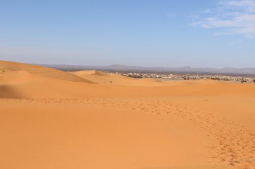 a desert with sand dunes in the distance at Riad Hotel Les Flamants in Merzouga