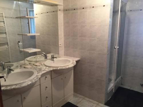 une salle de bain avec deux lavabos et une douche dans l'établissement Charmant rez de villa en provence, à Le Tignet