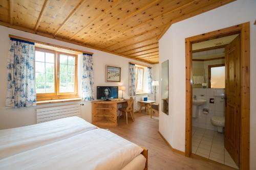um quarto com uma cama e uma casa de banho em Hotel Sonne Fex Alpine Hideaway em Sils Maria