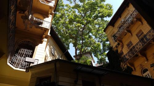 a building with a balcony and a tree in the background at Boudoir Budapest Apartment in Budapest