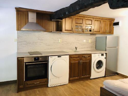 a kitchen with a sink and a washer and dryer at Guest House Ivan in Cherni Osŭm