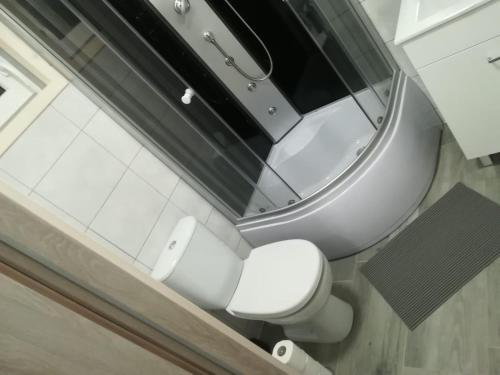 a bathroom with a white toilet and a mirror at Bajkowe Chatki in Rusinowo