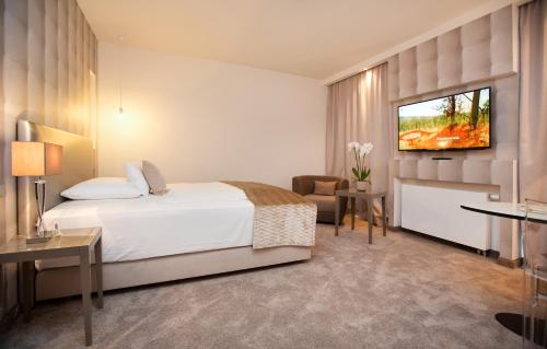 a hotel room with a bed and a tv at Park Villa Hotel in Wuppertal