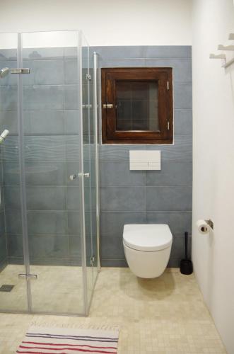 a bathroom with a toilet and a glass shower at Can Pep Antonina in San Ferrán de ses Roques