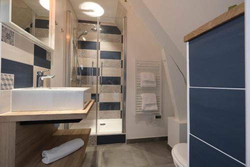 bagno con lavandino, doccia e servizi igienici di Logis Hotel Le Relais du Teulet a Goulles