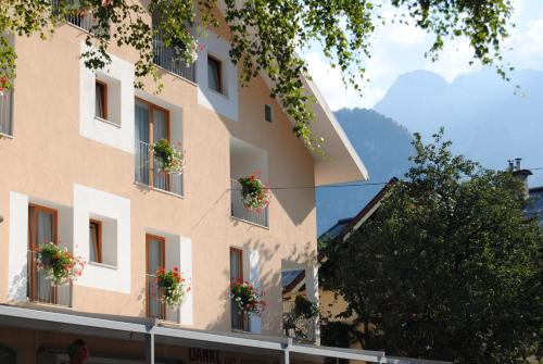 a building with potted plants on the windows at Hotel & Restaurant Dankl in Lofer